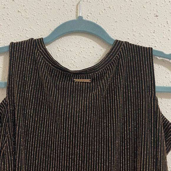 Michael Kors Black and Metallic Stripe Cold Shoulder Long Sleeve Top Blouse - Picture 12 of 13